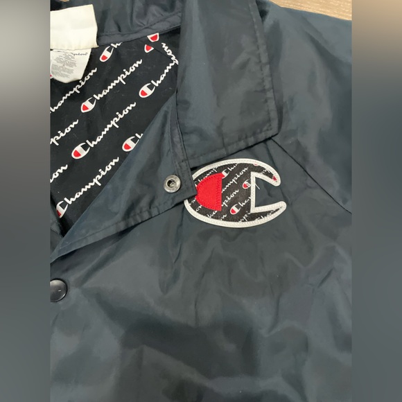 Women’s Champion Black Big C Logo Button Up Crop Windbreaker Jacket Sz Large - Picture 3 of 7